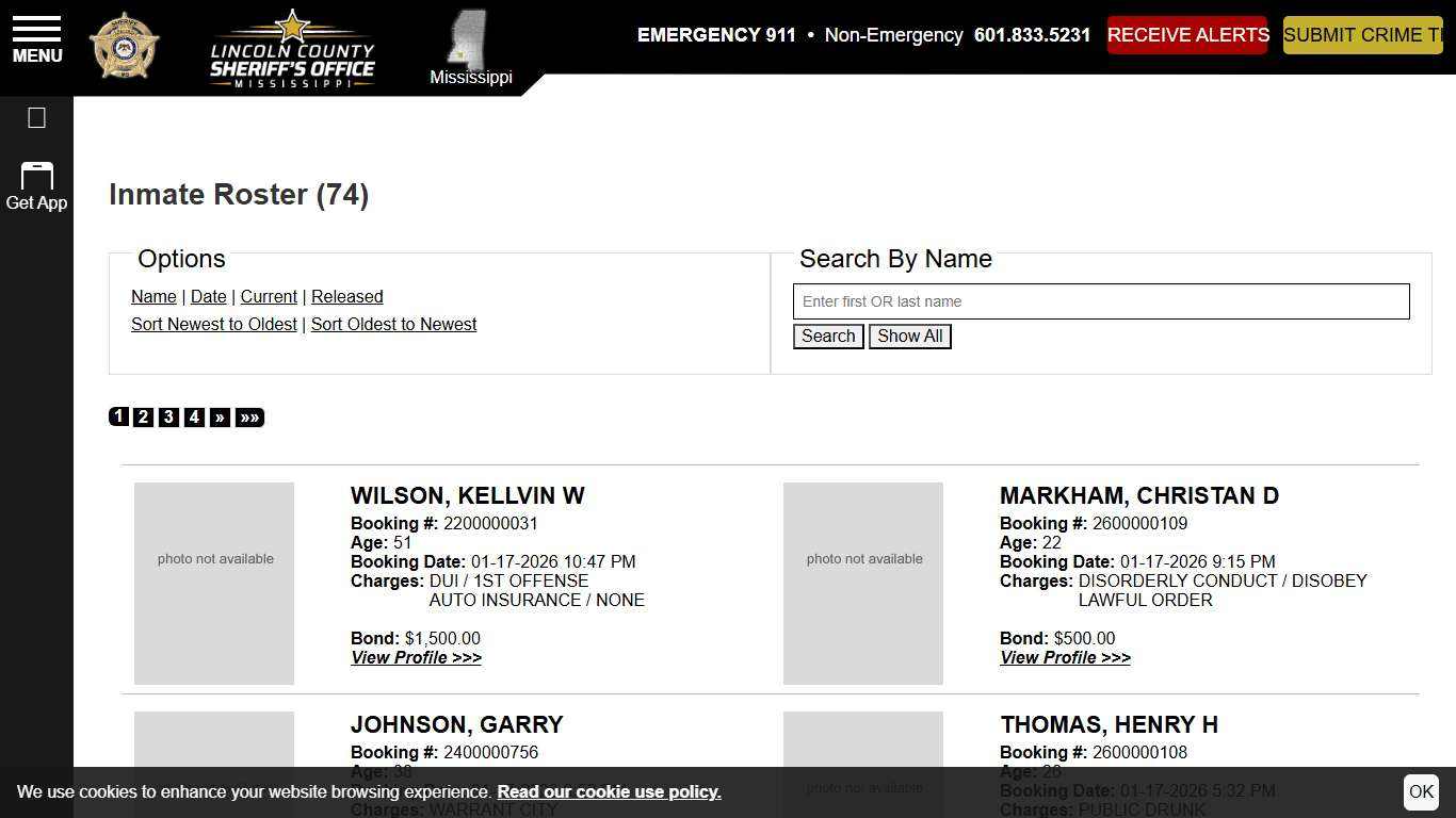 Inmate Roster | Lincoln County Sheriff's Office MS | Sort Booking Time - Descending | Page 1